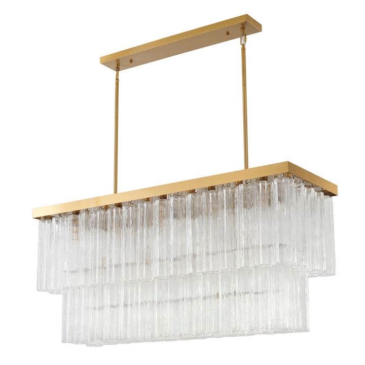 Satin Brass Rectangular Frame Chandelier with Clear Hanging Ribbed Glass by Bethel - view 6