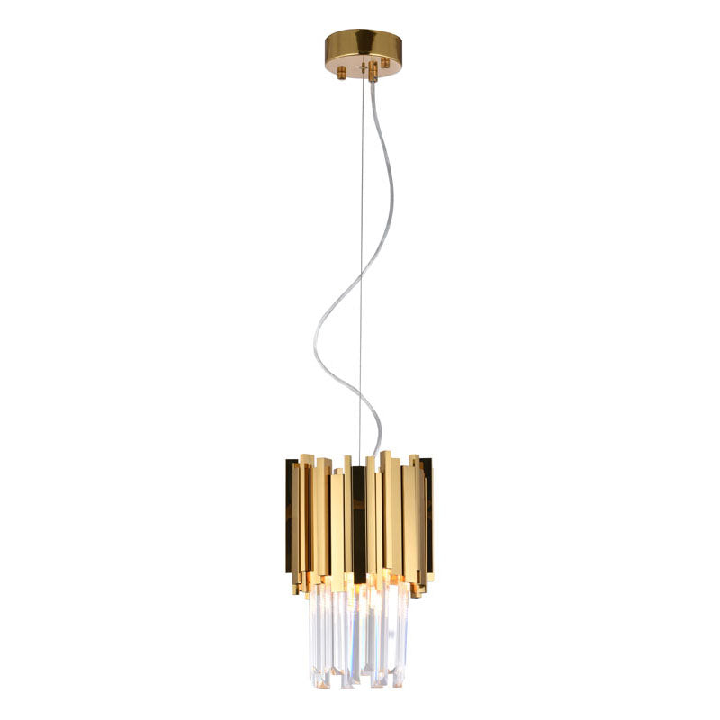 Stainless Steel Frame Single Pendant Light with Clear Hanging Crystals in Gold by Bethel