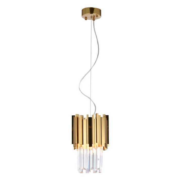 Stainless Steel Frame Single Pendant Light with Clear Hanging Crystals in Gold by Bethel