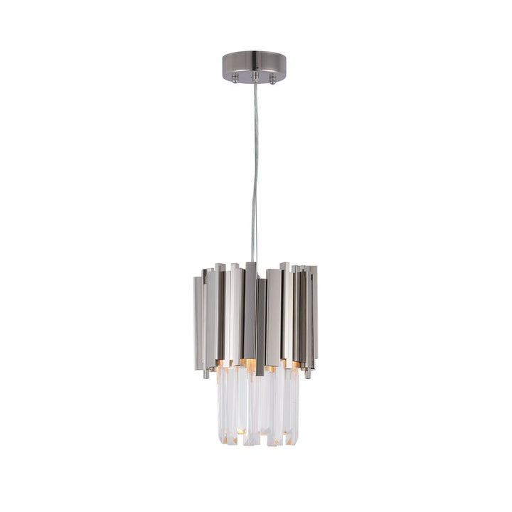 Stainless Steel Frame Single Pendant Light with Clear Hanging Crystals in Chrome by Bethel