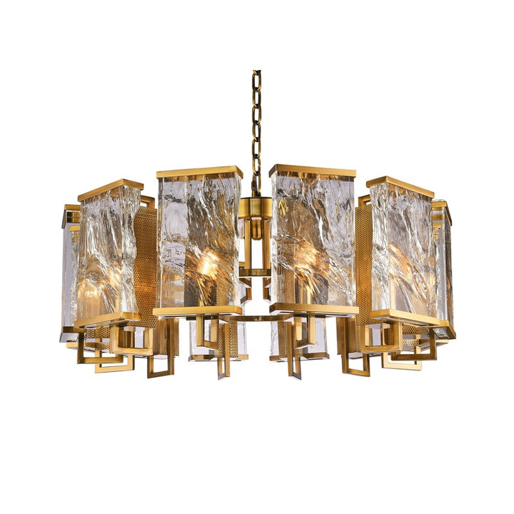 Frame Chandelier with Clear Distorted Crystal Plaques in Brass by Bethel