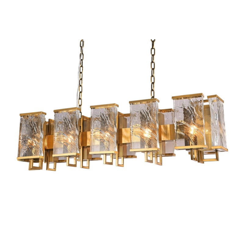Brass Rectangular Frame Chandelier with Clear Distorted Crystal Plaques by Bethel