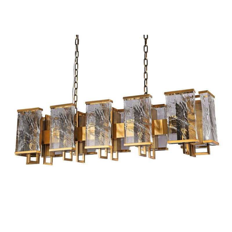Brass Rectangular Frame Chandelier with Clear Distorted Crystal Plaques by Bethel - view 2