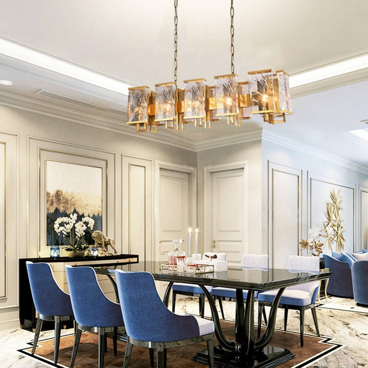 Brass Rectangular Frame Chandelier with Clear Distorted Crystal Plaques by Bethel - view 3