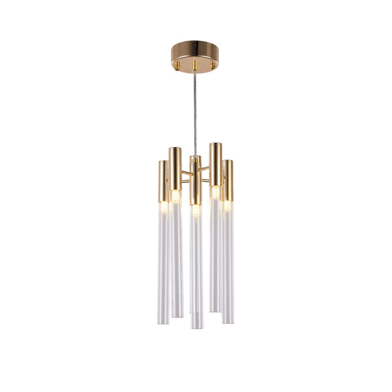 Frame Single Pendant Light with Clear Glass Tubes in Gold by Bethel