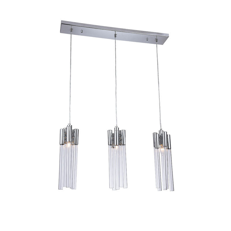 Frame Three Light Pendant Fixture with Clear Glass Tubing in Chrome by Bethel