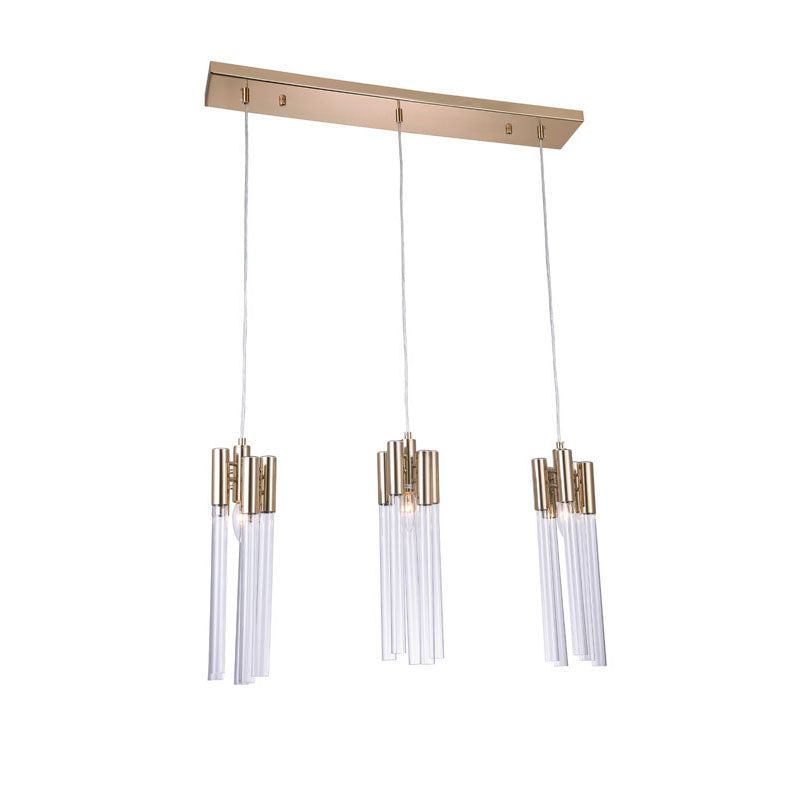 Frame Three Light Pendant Fixture with Clear Glass Tubing in Gold by Bethel