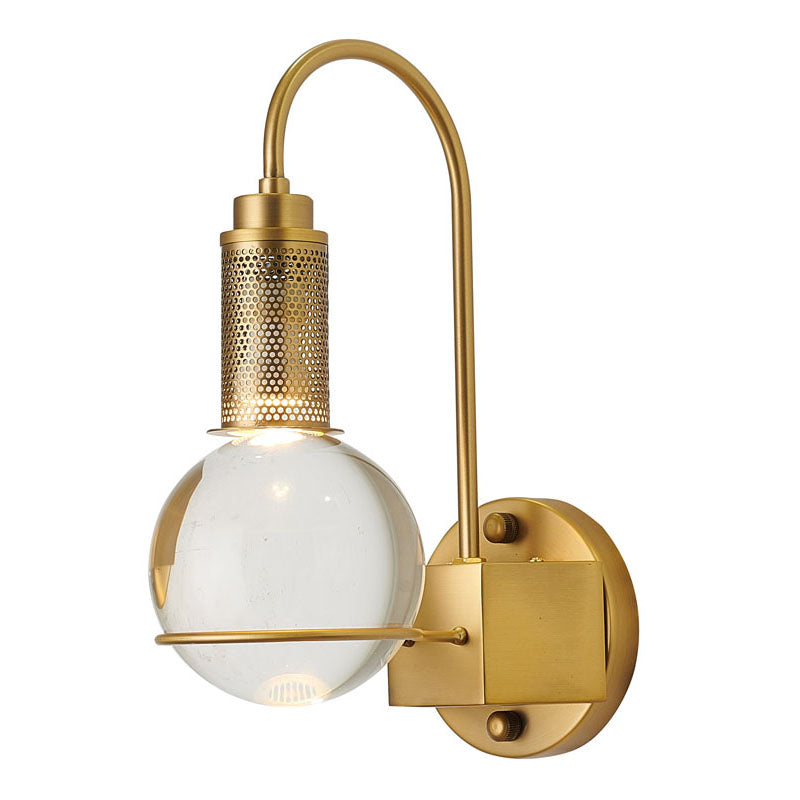Antique Brass Arched Arm Wall Sconce with Clear Crystal Ball by Bethel
