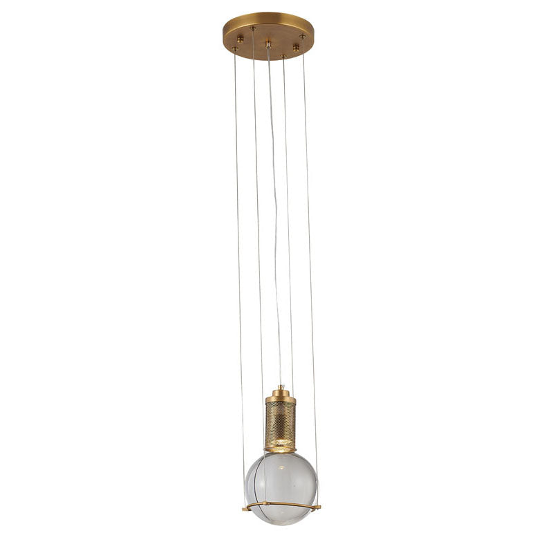 Antique Brass Metal Frame Single Pendant Light with Clear Crystal Ball by Bethel
