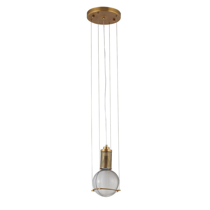 Antique Brass Metal Frame Single Pendant Light with Clear Crystal Ball by Bethel - view 2
