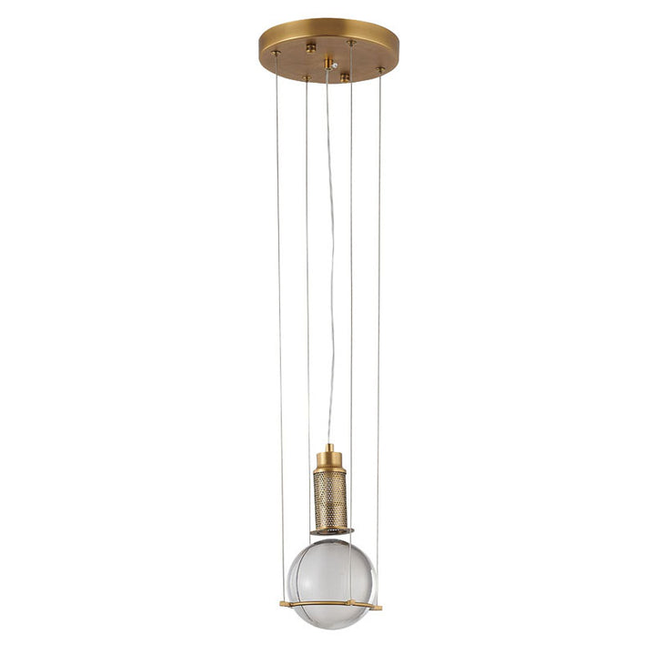 Antique Brass Metal Frame Single Pendant Light with Clear Crystal Ball by Bethel - view 3