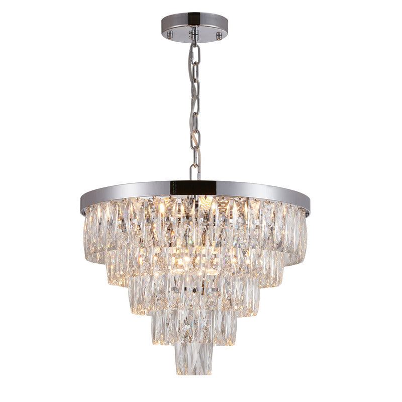 Five Tier Metal Frame Chandelier with Clear Hanging Crystals in Chrome by Bethel