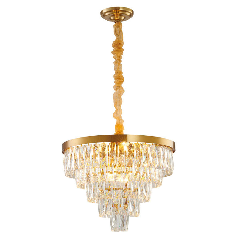 Five Tier Metal Frame Chandelier with Clear Hanging Crystals in Gold by Bethel