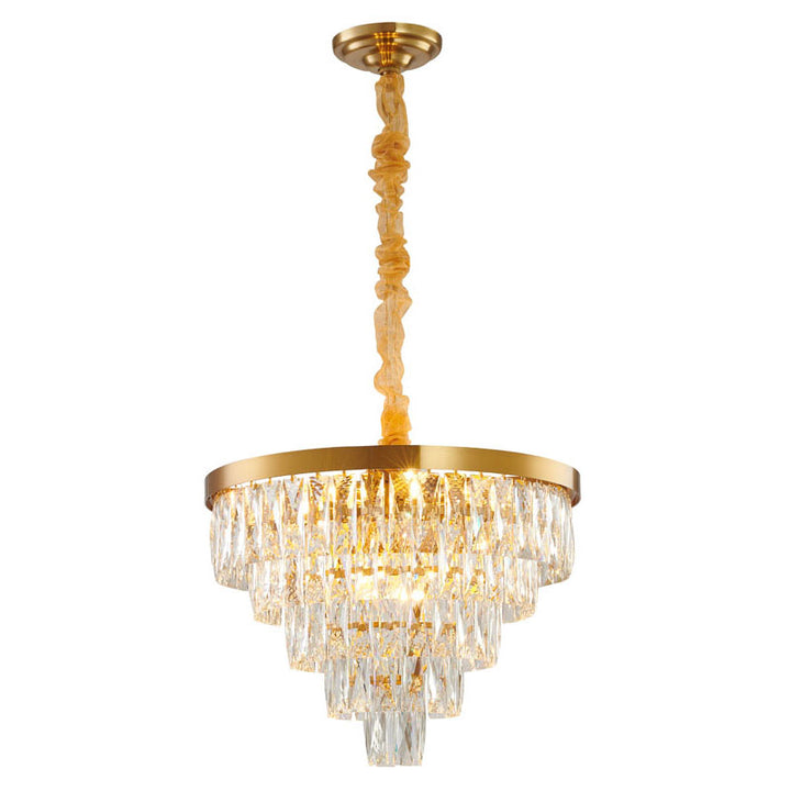 Five Tier Metal Frame Chandelier with Clear Hanging Crystals in Gold by Bethel