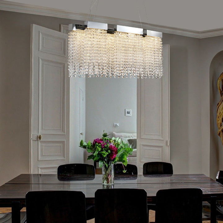 Chrome Frame Rectangular Shaped LED Chandelier with Clear Beaded Crystals Draping Around by Bethel - view 2