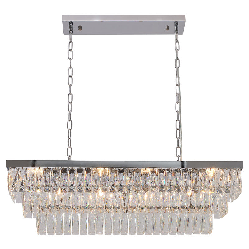 Rectangular Metal Frame Chandelier with Clear Hanging Crystals in Chrome by Bethel