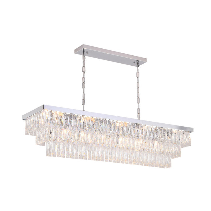 Rectangular Metal Frame Chandelier with Clear Hanging Crystals in Chrome by Bethel