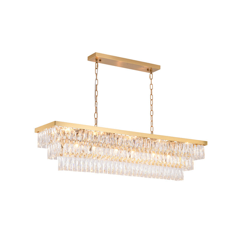 Rectangular Metal Frame Chandelier with Clear Hanging Crystals in Gold by Bethel