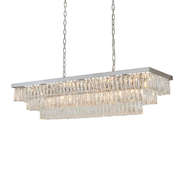 Rectangular Frame Chandelier with Three Tiers of Clear Hanging Crystals in Chrome by Bethel