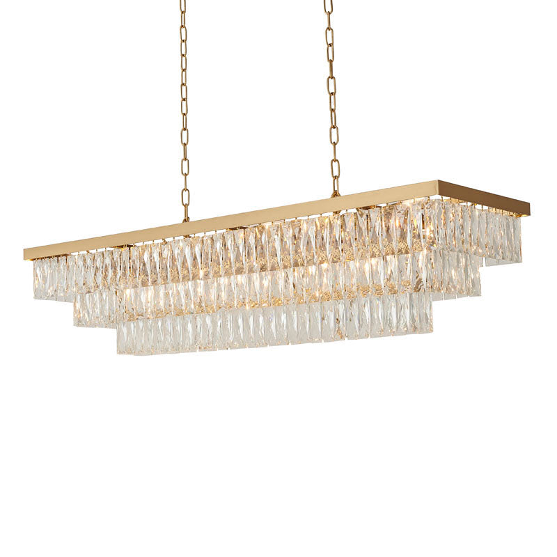 Rectangular Frame Chandelier with Three Tiers of Clear Hanging Crystals in Gold by Bethel