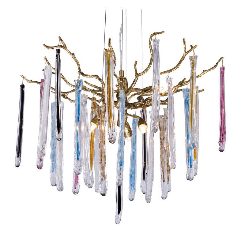 Solid Copper Branch Chandelier with Multi-color Glass Drops by Bethel