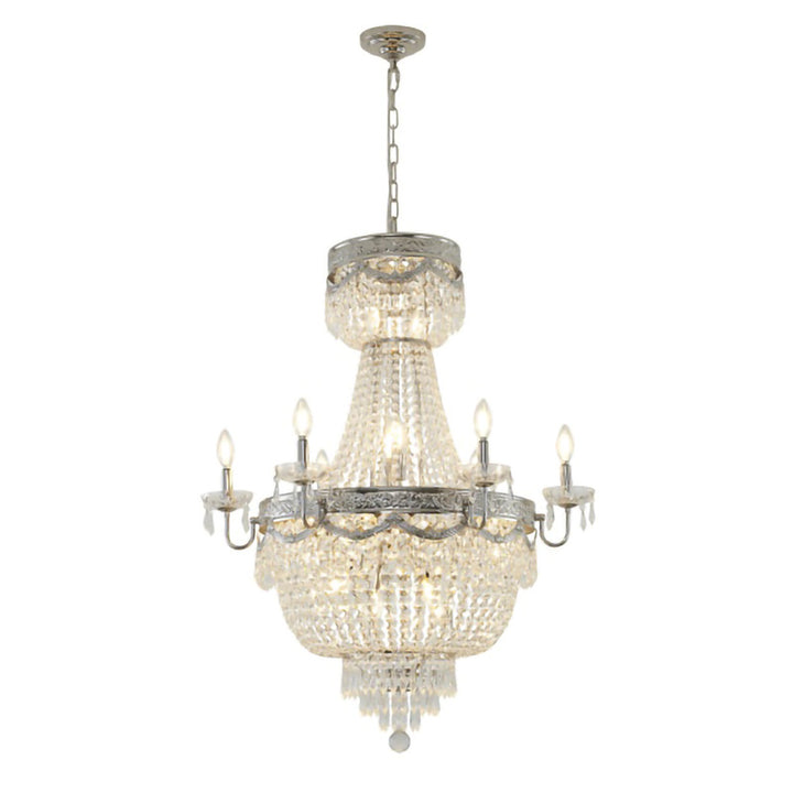 Shiny Nickel Metal Frame Chandelier with Clear Hanging Crystals by Bethel