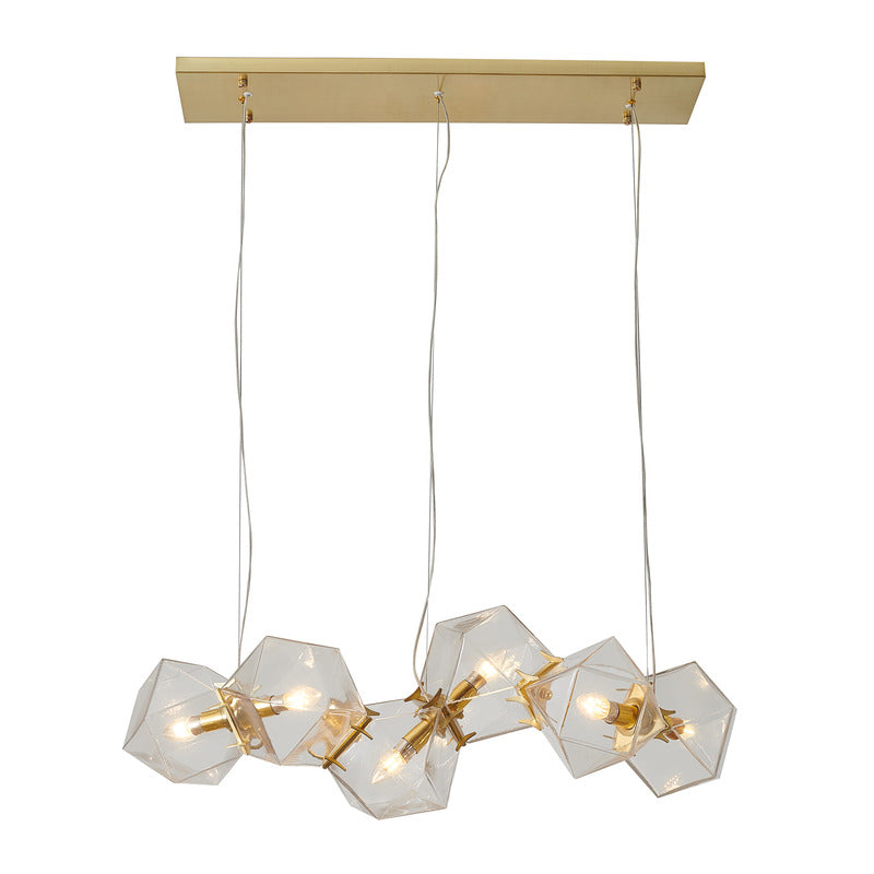 Brass Gold Metal Chandelier with Clear Geometric Connecting Glass Blocks by Bethel