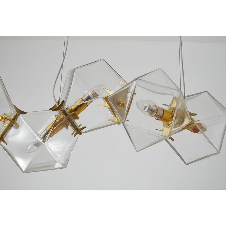 Brass Gold Metal Chandelier with Clear Geometric Connecting Glass Blocks by Bethel - view 4