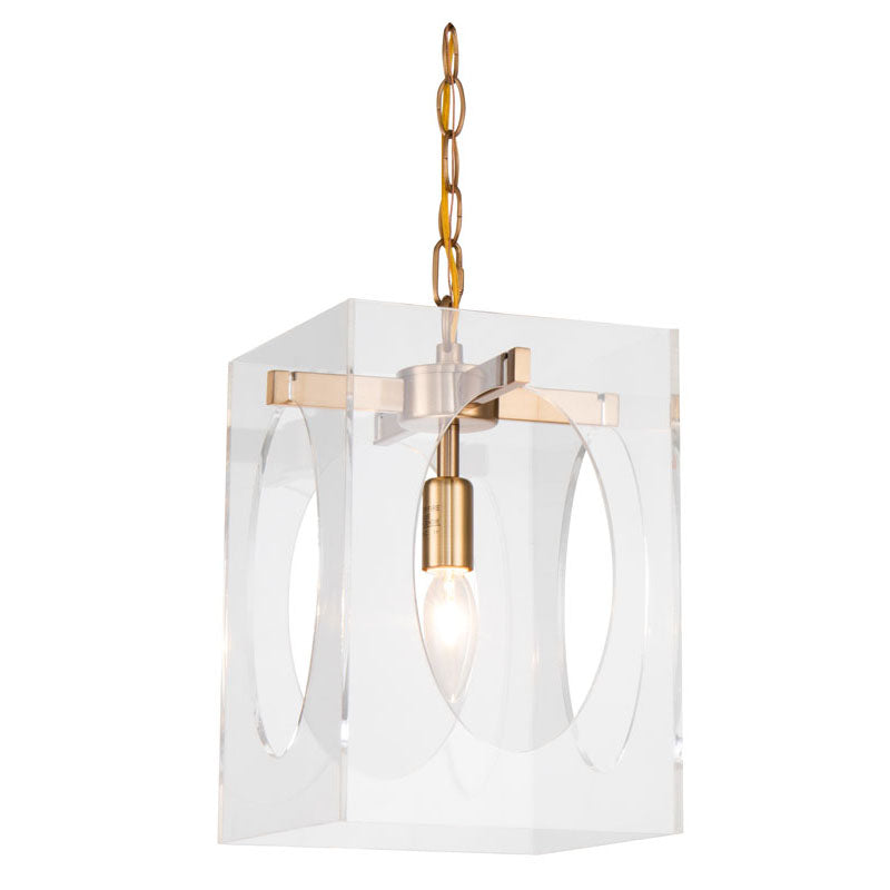 Square Clear Acrylic Single Pendant Light with Metal Frame Oval in Antique Brass by Bethel