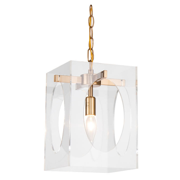 Square Clear Acrylic Single Pendant Light with Metal Frame Oval in Antique Brass by Bethel