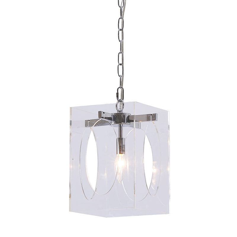 Square Clear Acrylic Single Pendant Light with Metal Frame Oval in Chrome by Bethel