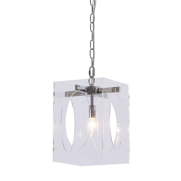 Square Clear Acrylic Single Pendant Light with Metal Frame Oval in Chrome by Bethel
