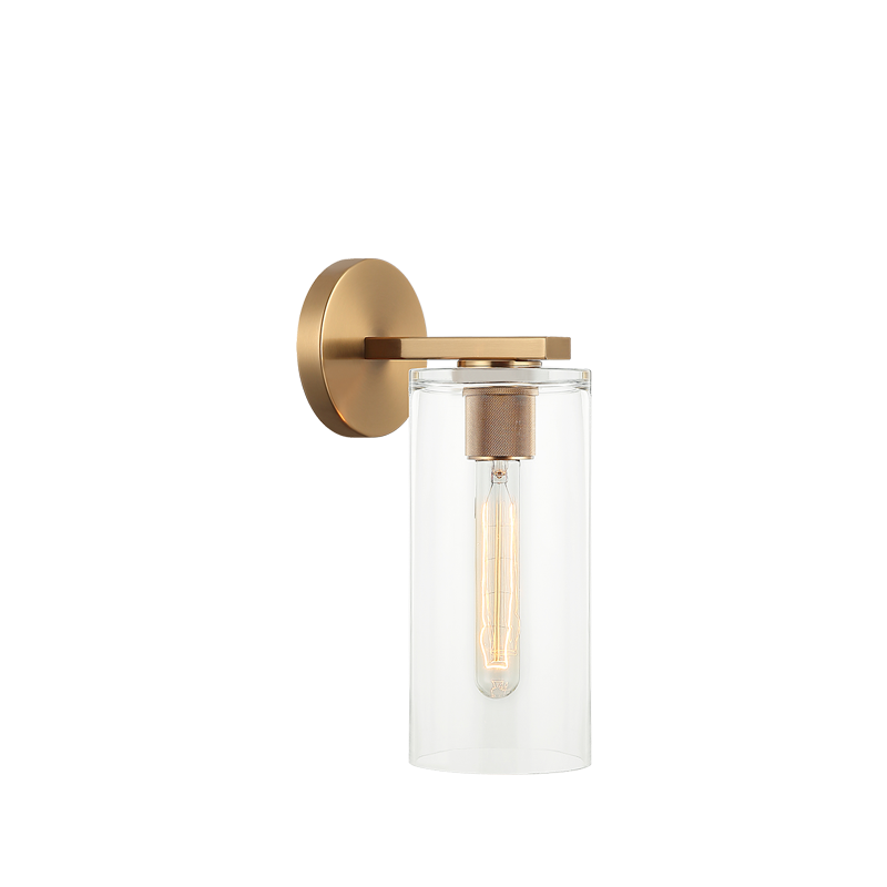 Lincoln - Steel Frame with Clear Cylindrical Glass Shade Wall Sconce in Aged Brass by Matteo Lighting