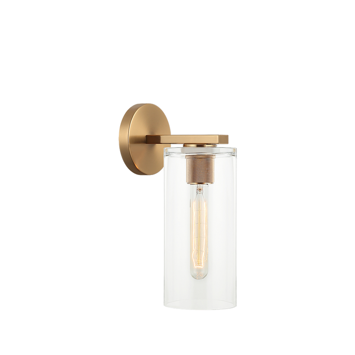Lincoln - Steel Frame with Clear Cylindrical Glass Shade Wall Sconce in Aged Brass by Matteo Lighting