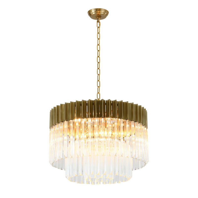 Round Stainless Steel Chandelier with Clear Hanging Crystals in Brass by Bethel