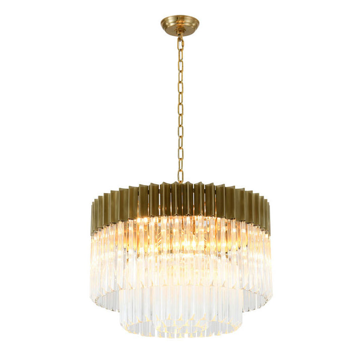 Round Stainless Steel Chandelier with Clear Hanging Crystals in Brass by Bethel