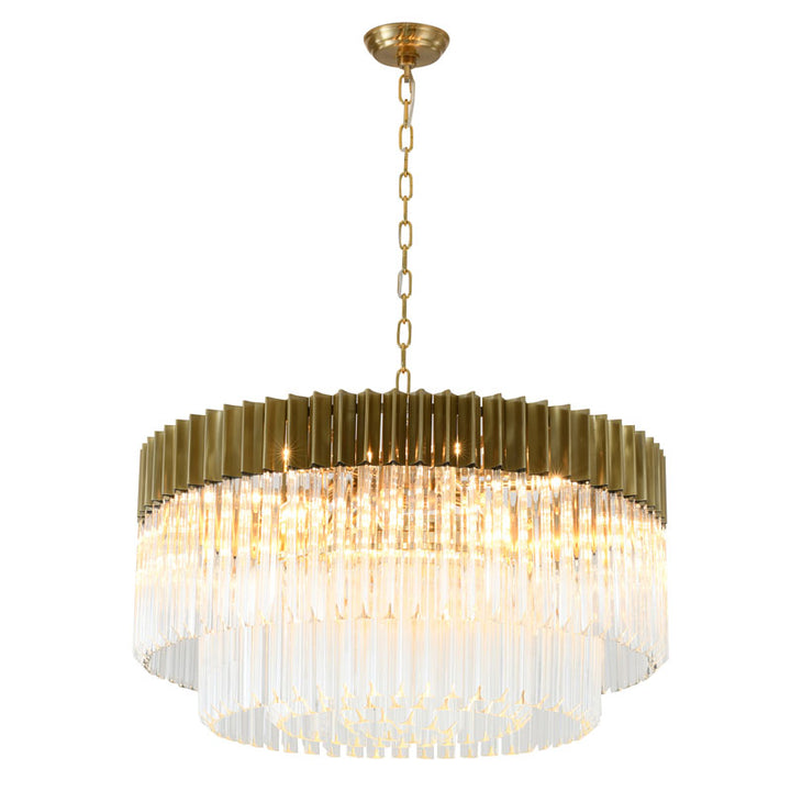 Round Stainless Steel Chandelier with Clear Hanging Crystals in Brass by Bethel