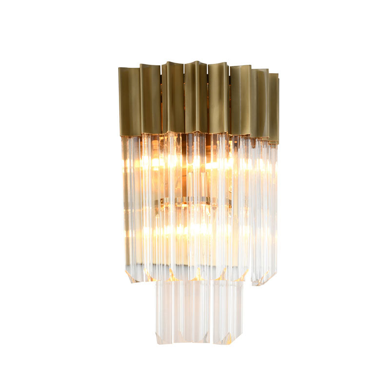 Stainless Steel Frame Wall Sconce with Clear Hanging Crystals in Brass by Bethel