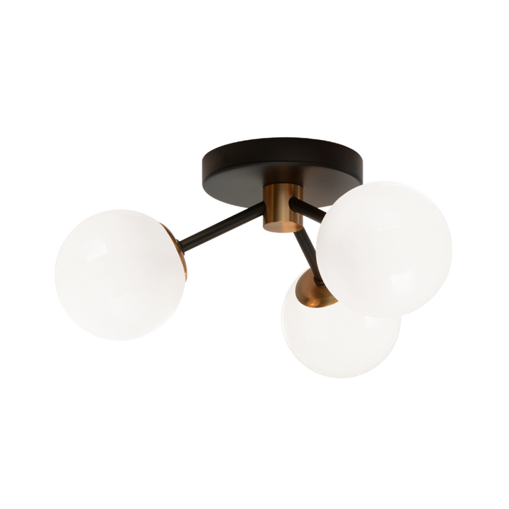 Black and Aged Gold Brass Frame with Opal Glass Globe Flush Mount