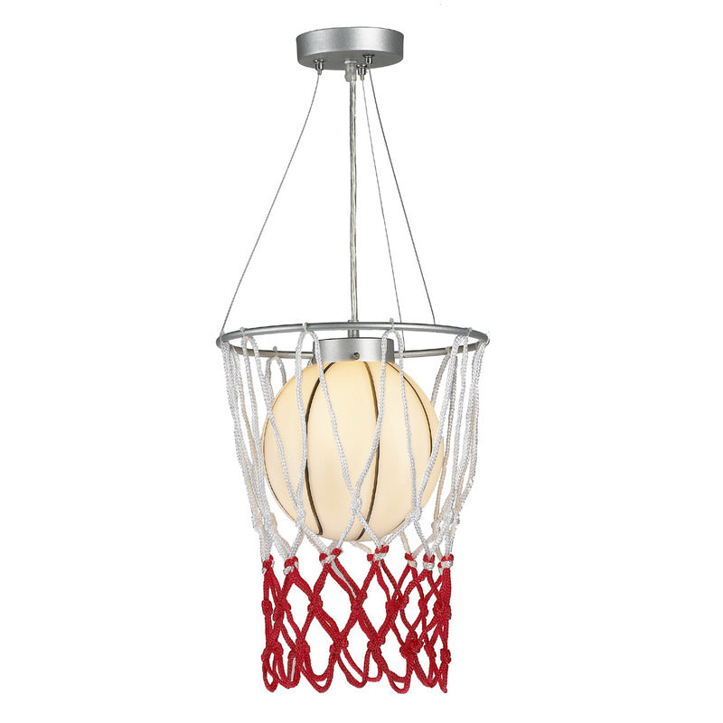 White Glass with Black Accents Basketball Ceiling Fixture with Red & White by Bethel