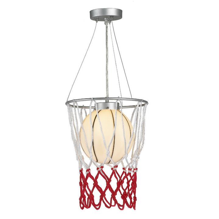 White Glass with Black Accents Basketball Ceiling Fixture with Red &amp; White