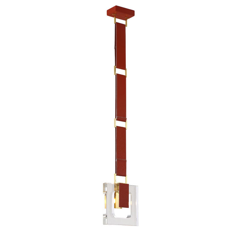 Leather Strap Pendant Light with Clear Crystal Block &amp; Hardware