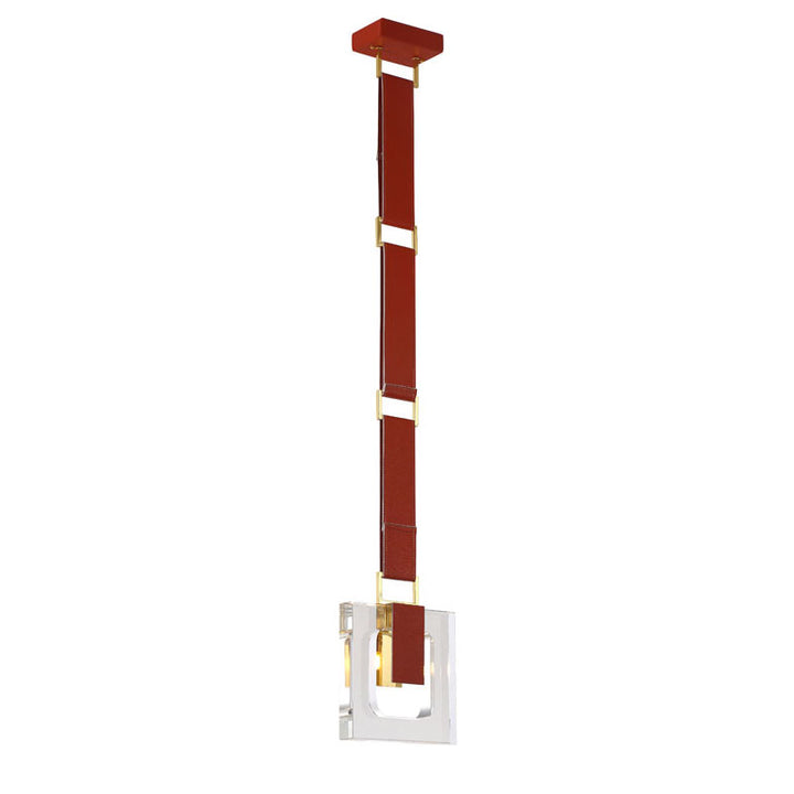Leather Strap Pendant Light with Clear Crystal Block &amp; Hardware