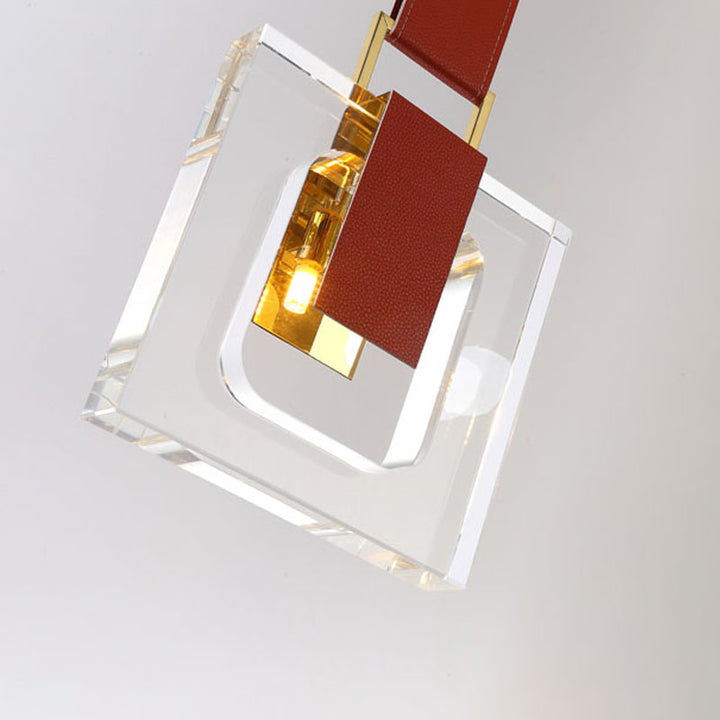 Leather Strap Pendant Light with Clear Crystal Block &amp; Hardware