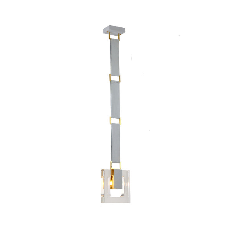 Leather Strap Pendant Light with Clear Crystal Block &amp; Hardware