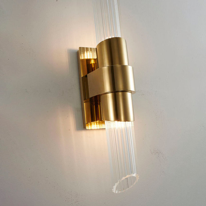 Gold Stainless Steel Frame Wall Sconce with Clear Ribbed Glass Shades by Bethel - view 3