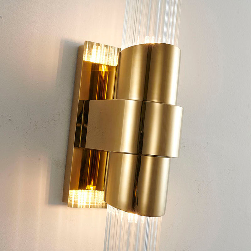 Gold Stainless Steel Frame Wall Sconce with Clear Ribbed Glass Shades by Bethel - view 4