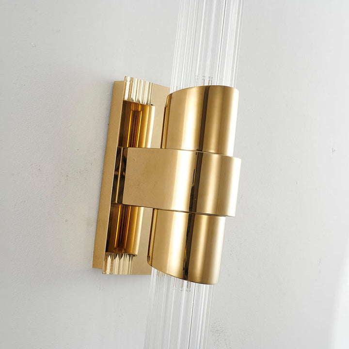 Gold Stainless Steel Frame Wall Sconce with Clear Ribbed Glass Shades by Bethel - view 5