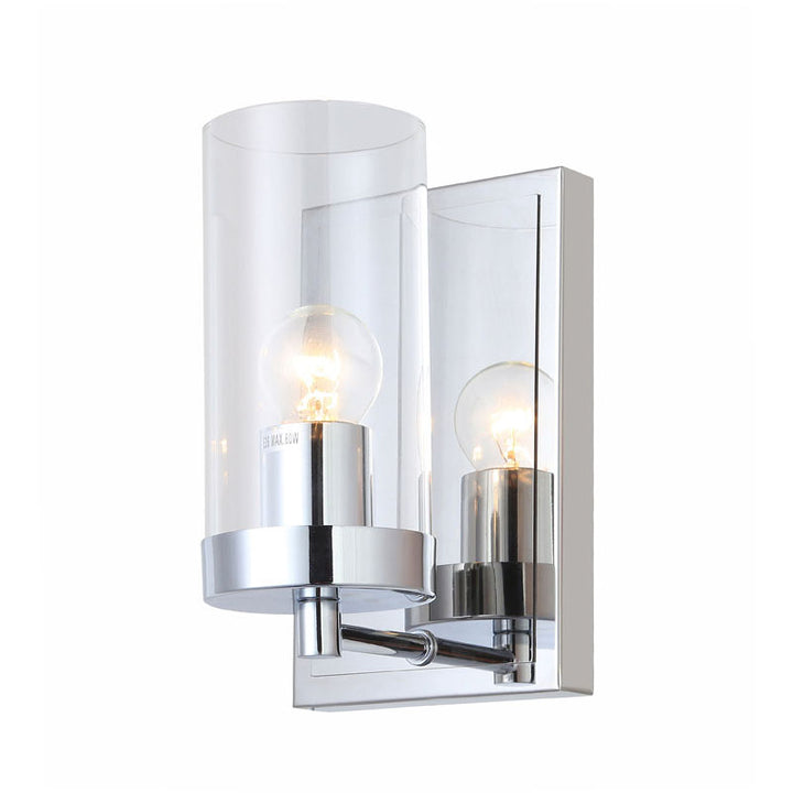 Chrome Frame Wall Sconce with Clear Glass Cylinder Shade by Bethel