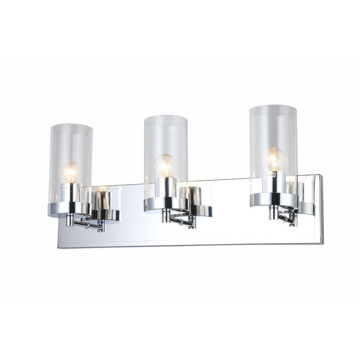 Three Light Chrome Frame Wall Sconce with Clear Glass Cylinder Shades by Bethel